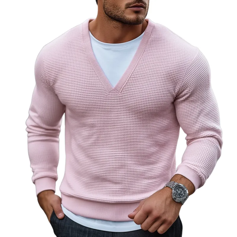 Men's Casual Round Neck Slim Fit Fake Two-piece Waffle Long-sleeved T-shirt 30034854K sold by Manly