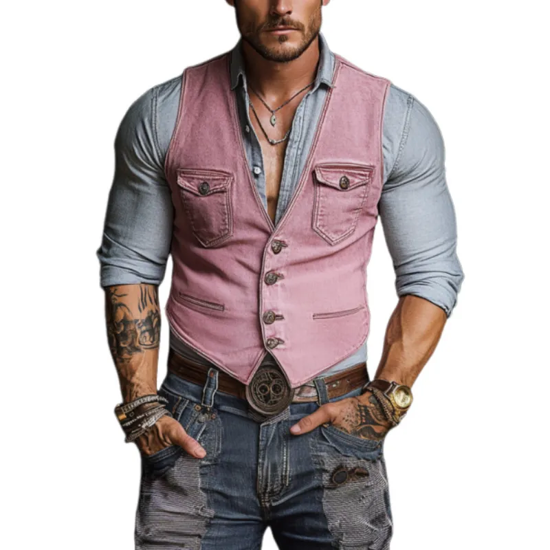 Men's Retro Fashion Casual Slim Fit V-Neck Multi-Pocket Washed Denim Vest 11422956K sold by Manly