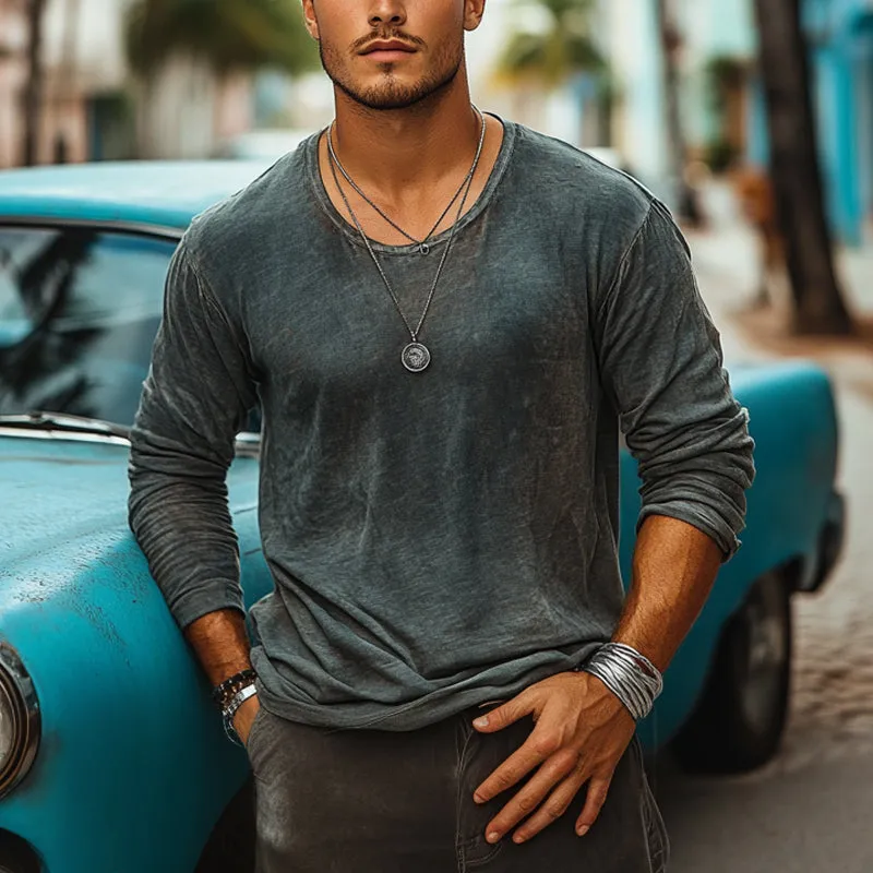 Men's Casual Crew Neck Faded Fabric Long Sleeve T-Shirt 80388612U sold by Manly product image thumbnail 2