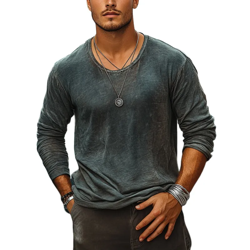 Men's Casual Crew Neck Faded Fabric Long Sleeve T-Shirt 80388612U sold by Manly