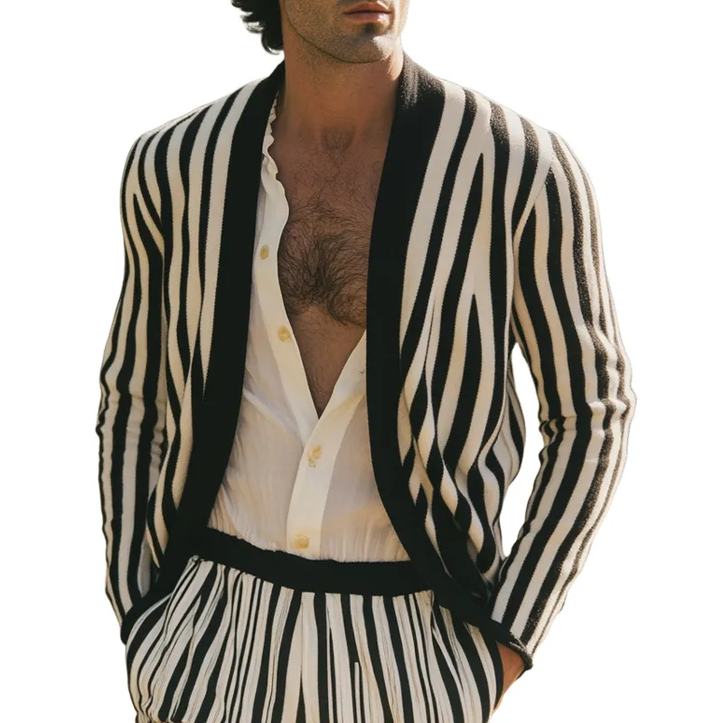 Men's Black and White Vertical Striped Casual Knitted Cardigan 71108490U sold by Manly