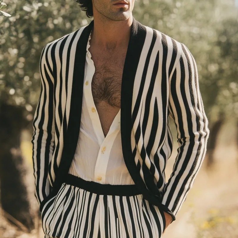 Men's Black and White Vertical Striped Casual Knitted Cardigan 71108490U sold by Manly product image thumbnail 2