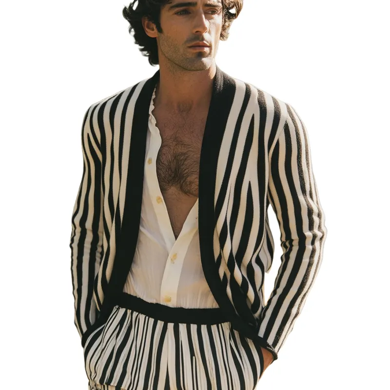 Men's Black and White Vertical Striped Casual Knitted Cardigan 71108490U sold by Manly product image thumbnail 3