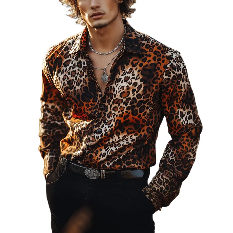 Men's Casual Vintage Leopard Print Long Sleeve Shirt 61165877U sold by Manly