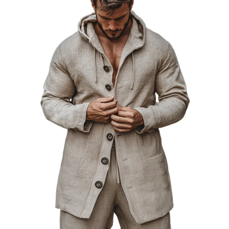 Men's Casual Cotton and Linen Button Hooded Coat 34819125U sold by Manly