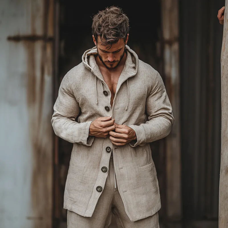 Men's Casual Cotton and Linen Button Hooded Coat 34819125U sold by Manly product image thumbnail 3