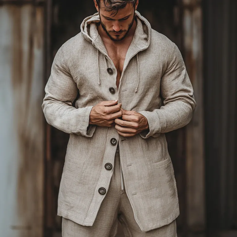 Men's Casual Cotton and Linen Button Hooded Coat 34819125U sold by Manly product image thumbnail 2
