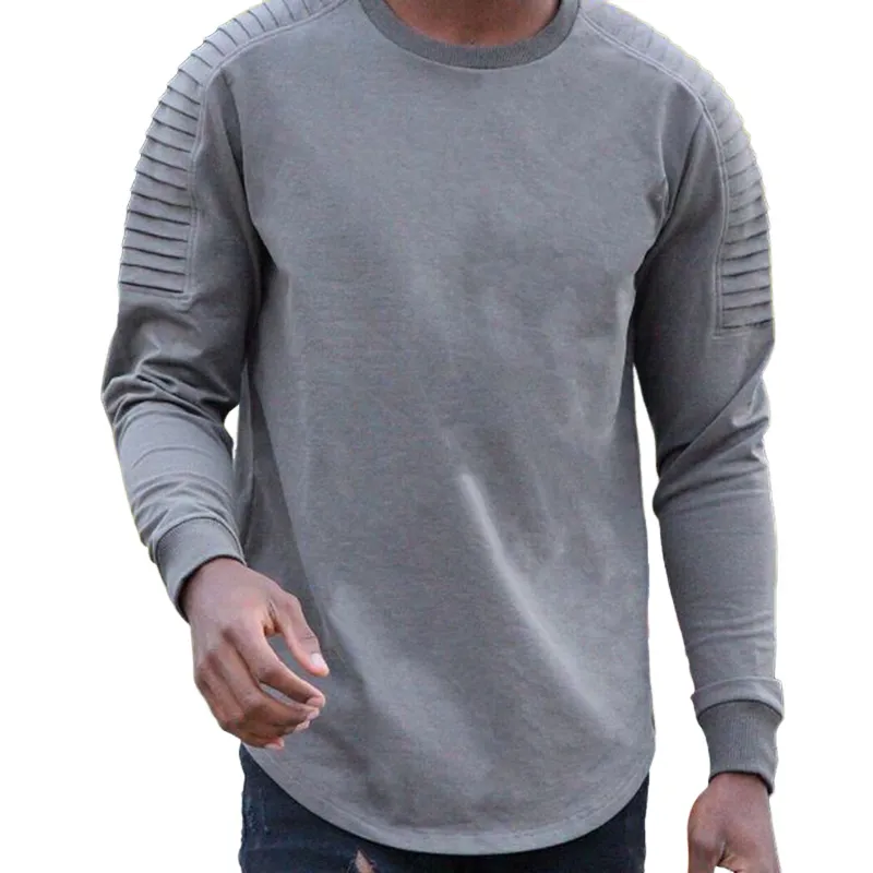 Men's Retro Casual Solid Color Pleated Round Neck Long Sleeve T-Shirt 21448656TO sold by Manly