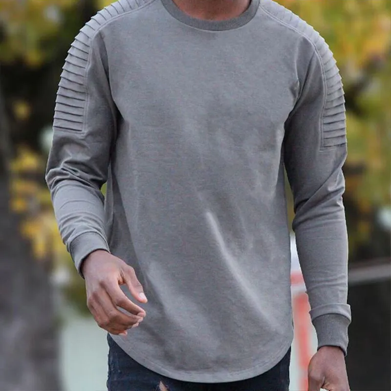 Men's Retro Casual Solid Color Pleated Round Neck Long Sleeve T-Shirt 21448656TO sold by Manly product image thumbnail 2