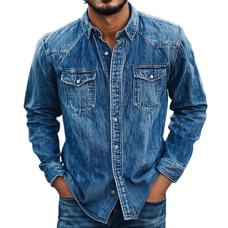 Men's Retro Casual Denim Washed Printed Lapel Long Sleeve Shirt 93817260TO sold by Manly
