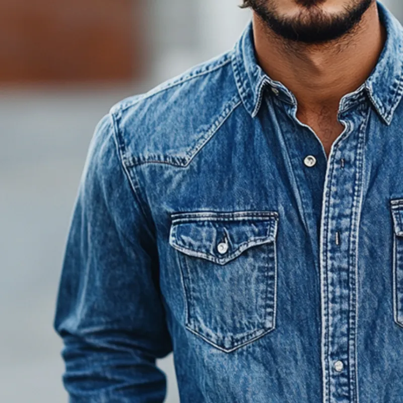 Men's Retro Casual Denim Washed Printed Lapel Long Sleeve Shirt 93817260TO sold by Manly product image thumbnail 3