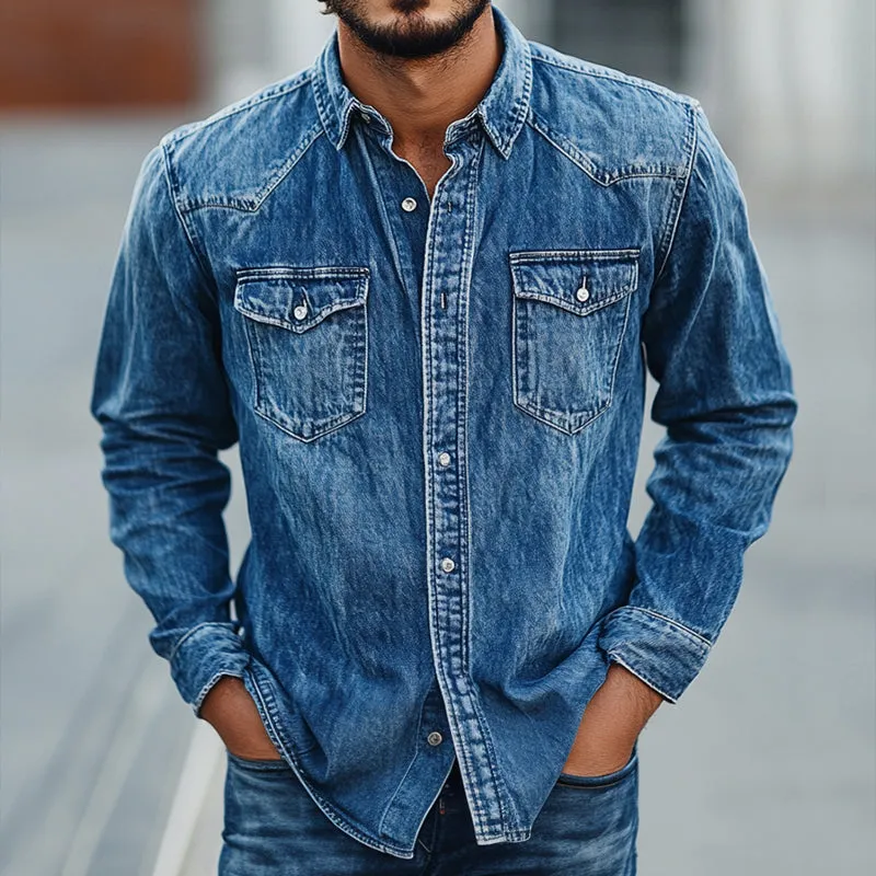 Men's Retro Casual Denim Washed Printed Lapel Long Sleeve Shirt 93817260TO sold by Manly product image thumbnail 2