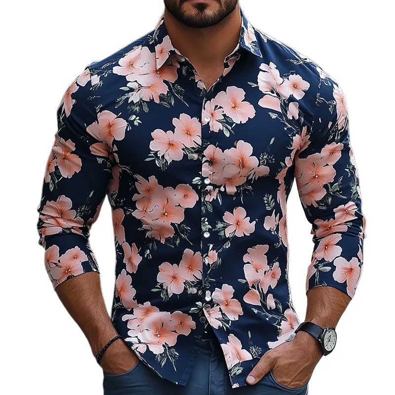 Men's Retro Casual Print Lapel Long Sleeve Shirt 58421161TO sold by Manly