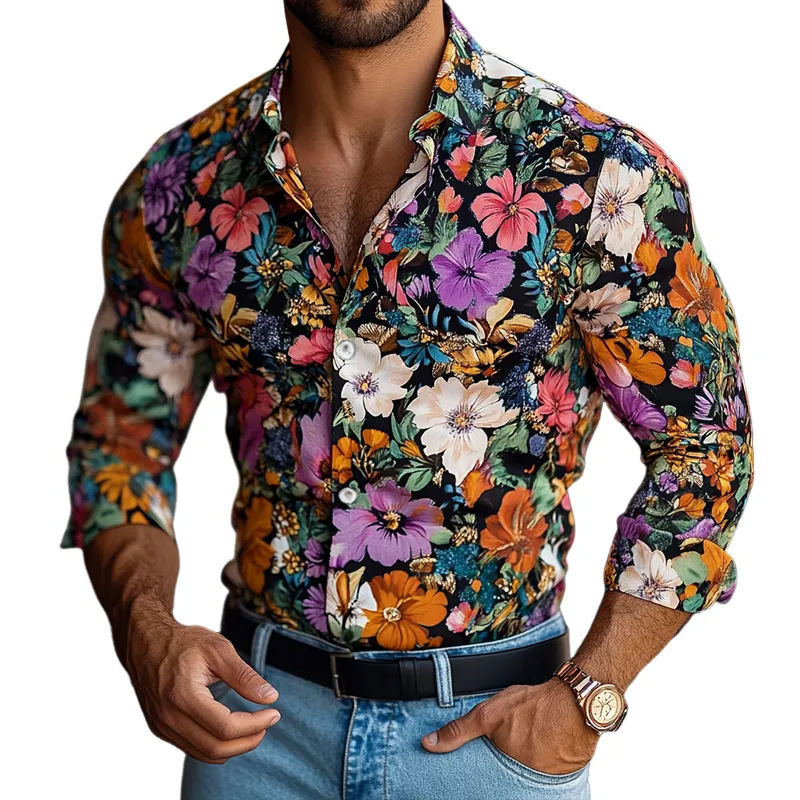 Men's Retro Casual Print Lapel Long Sleeve Shirt 38211993TO sold by Manly