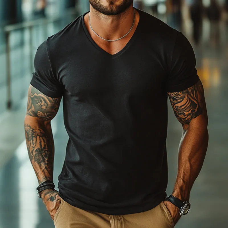 Men's Retro Casual Solid Color V-Neck Short Sleeve T-Shirt 88249362TO sold by Manly product image thumbnail 2