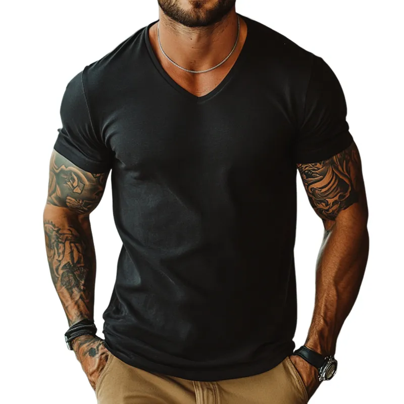 Men's Retro Casual Solid Color V-Neck Short Sleeve T-Shirt 88249362TO sold by Manly