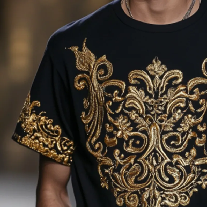Men's Retro Casual Baroque Embroidery Round Neck Short Sleeve T-Shirt 08861764TO sold by Manly product image thumbnail 3