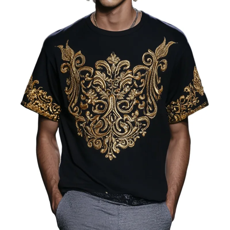 Men's Retro Casual Baroque Embroidery Round Neck Short Sleeve T-Shirt 08861764TO sold by Manly