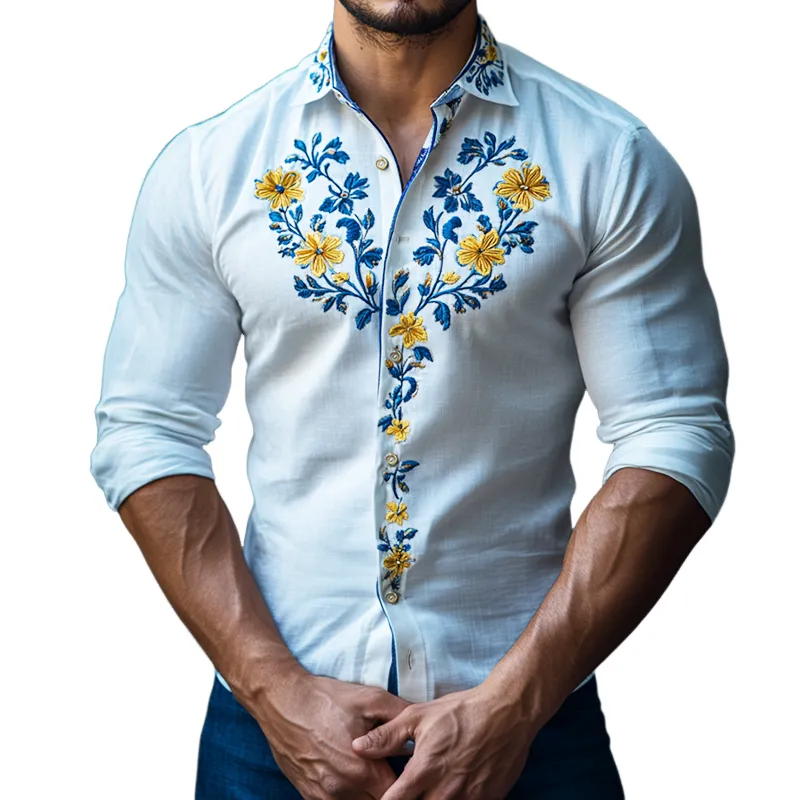 Men's Retro Casual Embroidered Lapel Long Sleeve Shirt 29612454TO sold by Manly