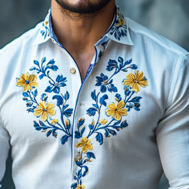 Men's Retro Casual Embroidered Lapel Long Sleeve Shirt 29612454TO sold by Manly product image thumbnail 3