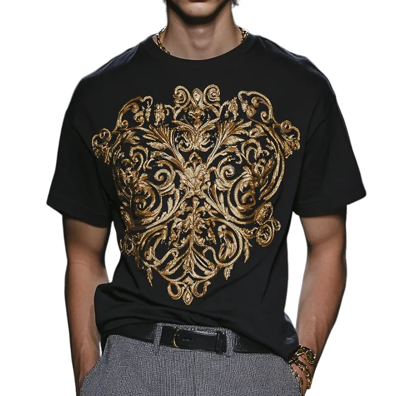 Men's Retro Casual Baroque Embroidery Round Neck Short Sleeve T-Shirt 76927924TO sold by Manly