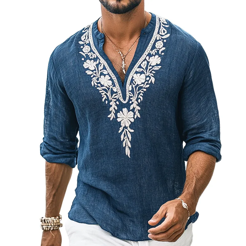【24-hour shipping out】Men's Vintage Casual Embroidered Cotton and Linen Henley Collar Long Sleeve Shirt 39916816TO sold by Manly