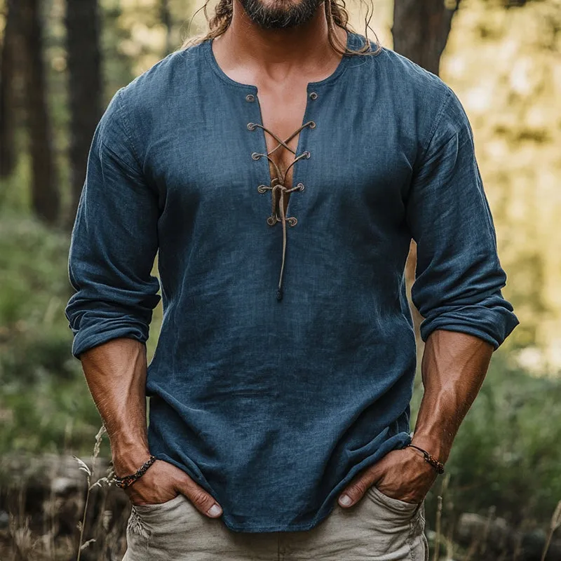 Men's Retro Casual Cotton and Linen Round Neck Long Sleeve Shirt 33406216TO sold by Manly product image thumbnail 2