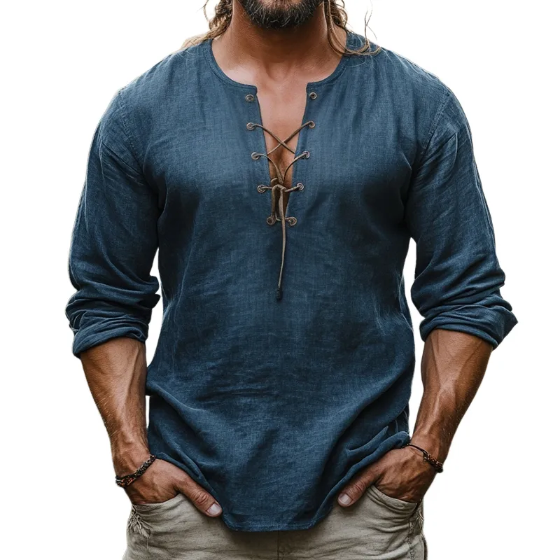 Men's Retro Casual Cotton and Linen Round Neck Long Sleeve Shirt 33406216TO sold by Manly