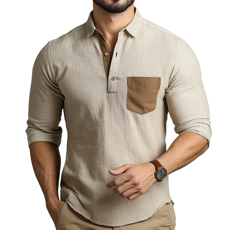 Men's Retro Casual Colorblock Cotton and Linen Pocket Lapel Long Sleeve Shirt 09722045TO sold by Manly