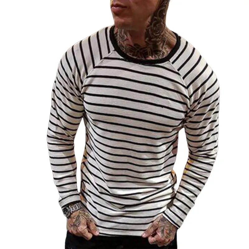 Men's Retro Casual Striped Round Neck Long Sleeve T-Shirt 77004255TO sold by Manly