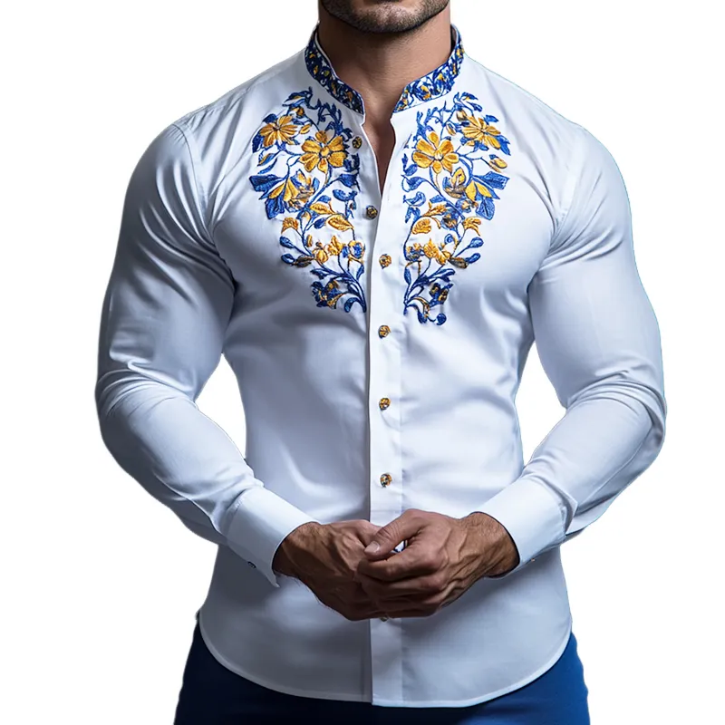 Men's Retro Casual Embroidered Stand Collar Long Sleeve Shirt 42435026TO sold by Manly