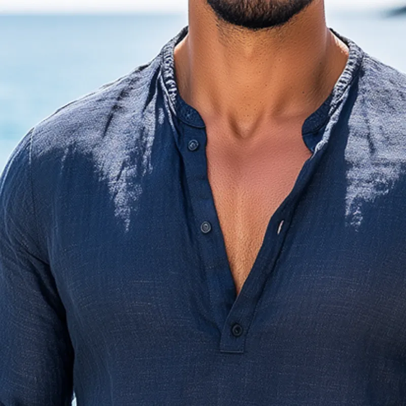 Men's Vintage Casual Solid Color Cotton and Linen Henley Collar Long Sleeve Shirt 05809219TO sold by Manly product image thumbnail 3