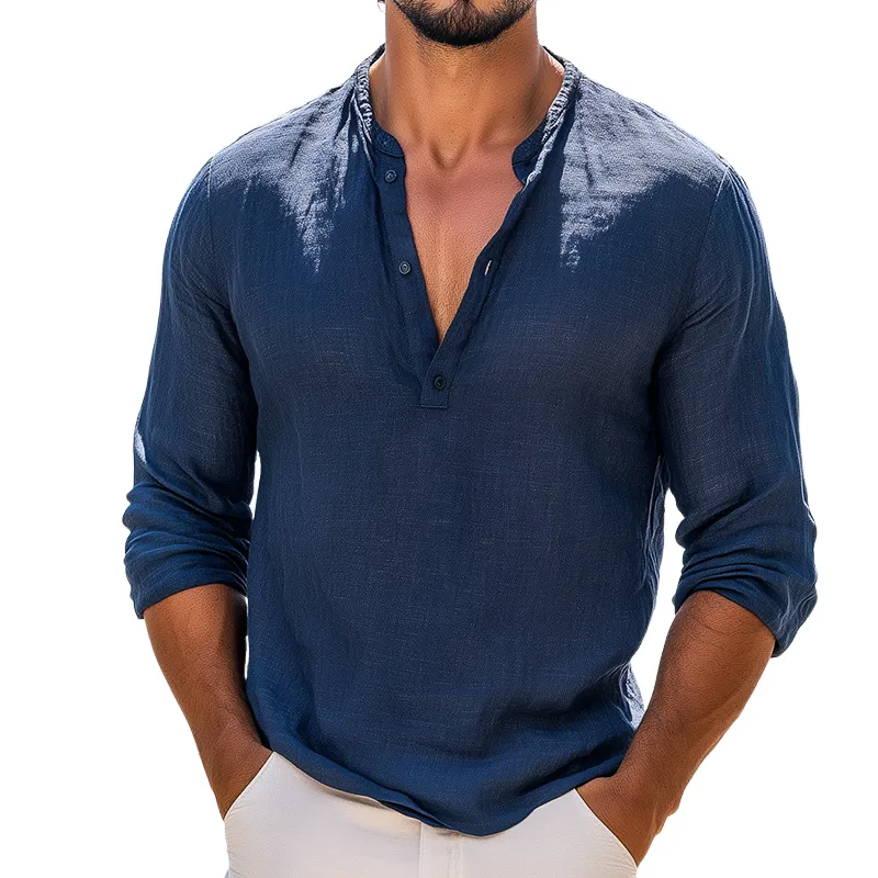 Men's Vintage Casual Solid Color Cotton and Linen Henley Collar Long Sleeve Shirt 05809219TO sold by Manly