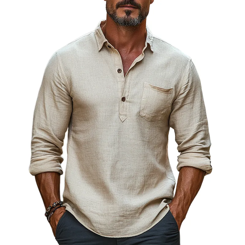 Men's Retro Casual Solid Color Cotton and Linen Pocket Lapel Long Sleeve Shirt 92301286TO sold by Manly