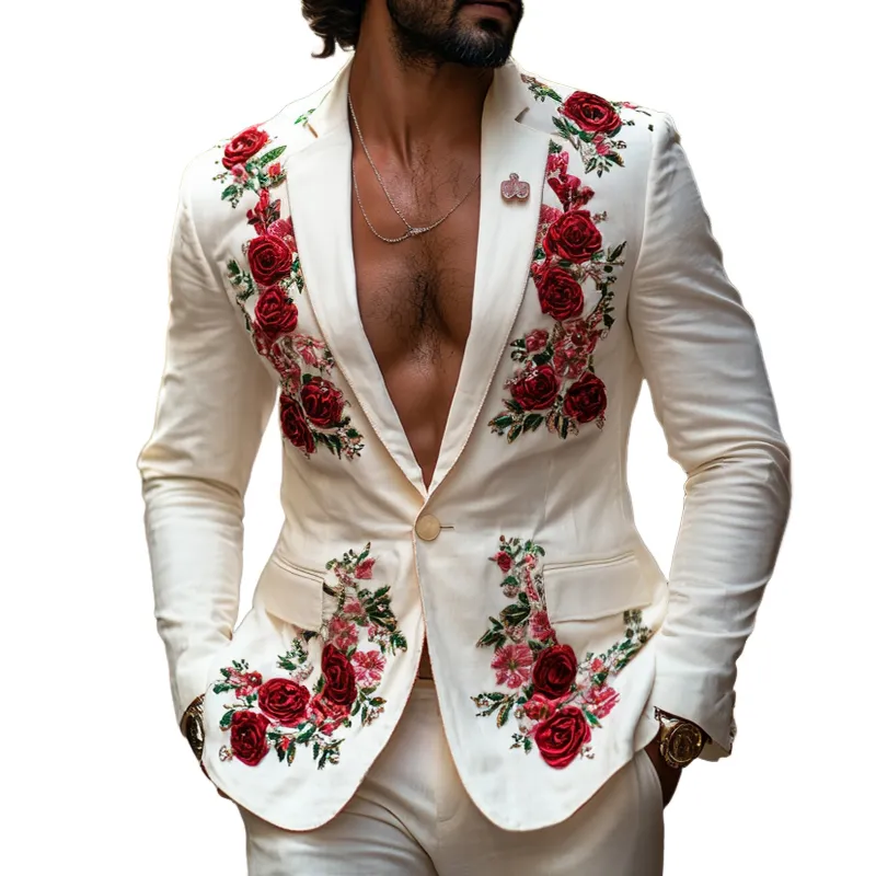 Men's Vintage Casual Rose Embroidered Blazer 28038148TO sold by Manly