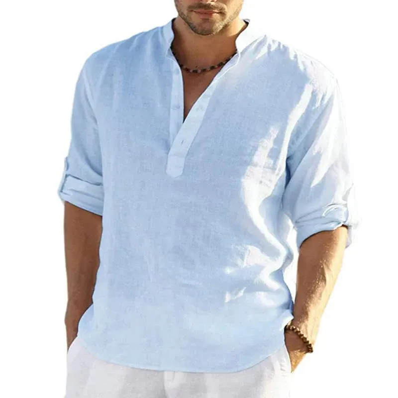 Men's Loose Stand Collar Cotton and Linen Long Sleeve Solid Color Shirt 86604785X sold by Manly product image thumbnail 2