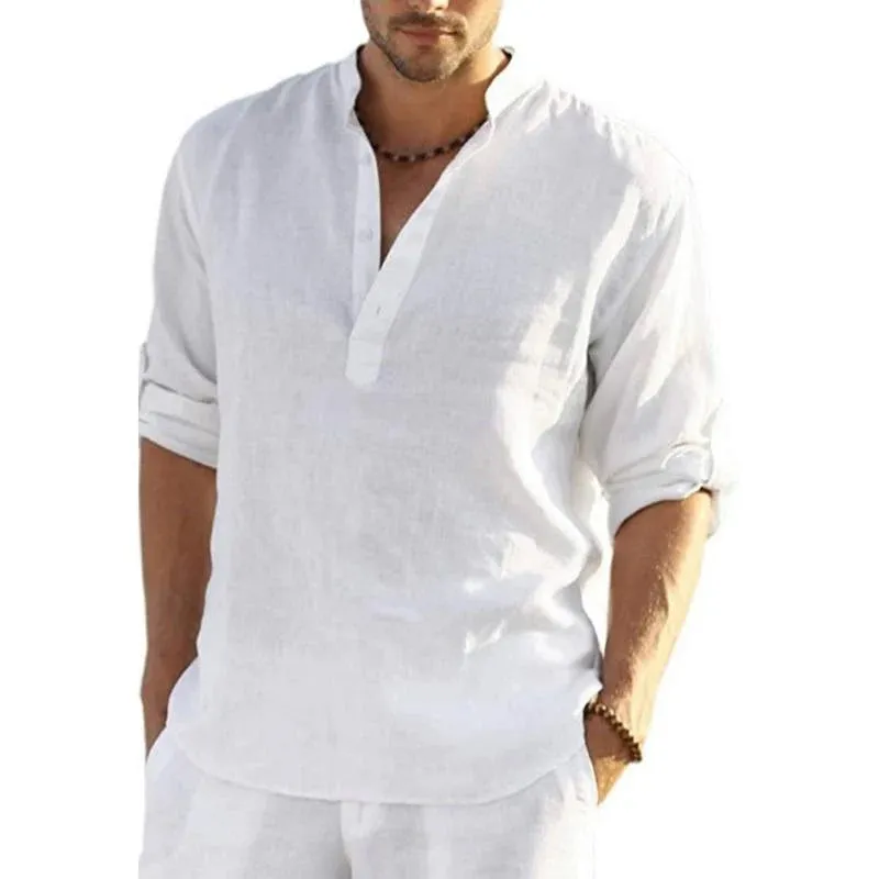 Men's Loose Stand Collar Cotton and Linen Long Sleeve Solid Color Shirt 86604785X sold by Manly