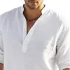 Men's Loose Stand Collar Cotton and Linen Long Sleeve Solid Color Shirt 86604785X sold by Manly