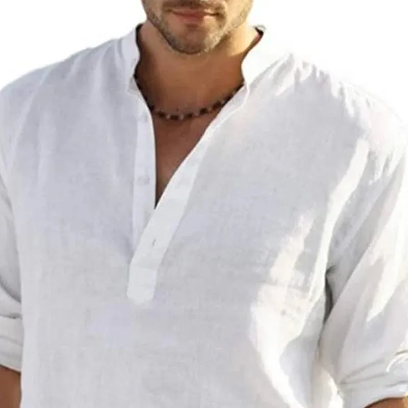 Men's Loose Stand Collar Cotton and Linen Long Sleeve Solid Color Shirt 86604785X sold by Manly product image thumbnail 3