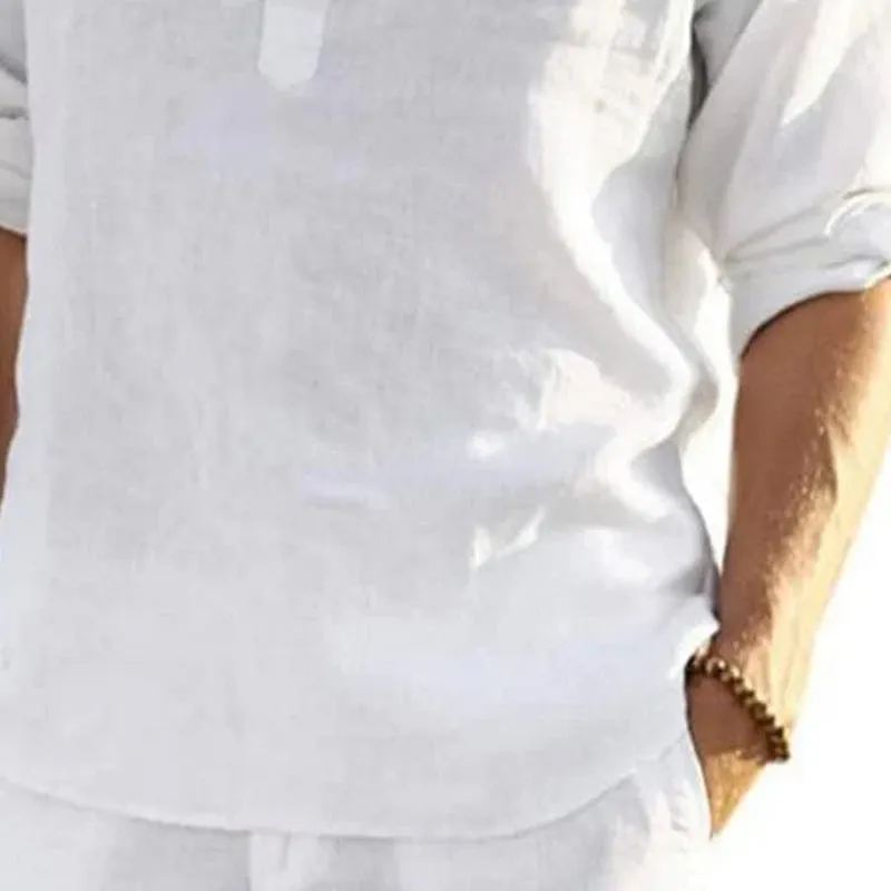 Men's Loose Stand Collar Cotton and Linen Long Sleeve Solid Color Shirt 86604785X sold by Manly product image thumbnail 4