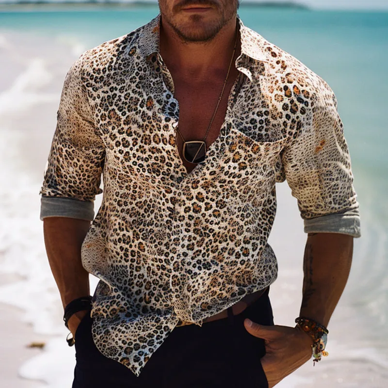 Men's Resort Leopard Print Lapel Long Sleeve Shirt 72046875X sold by Manly product image thumbnail 2