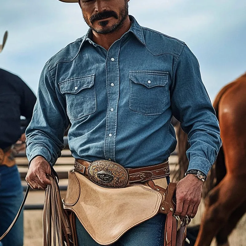 Men's Vintage Western Denim Long Sleeve Lapel Shirt 48144445X sold by Manly product image thumbnail 2