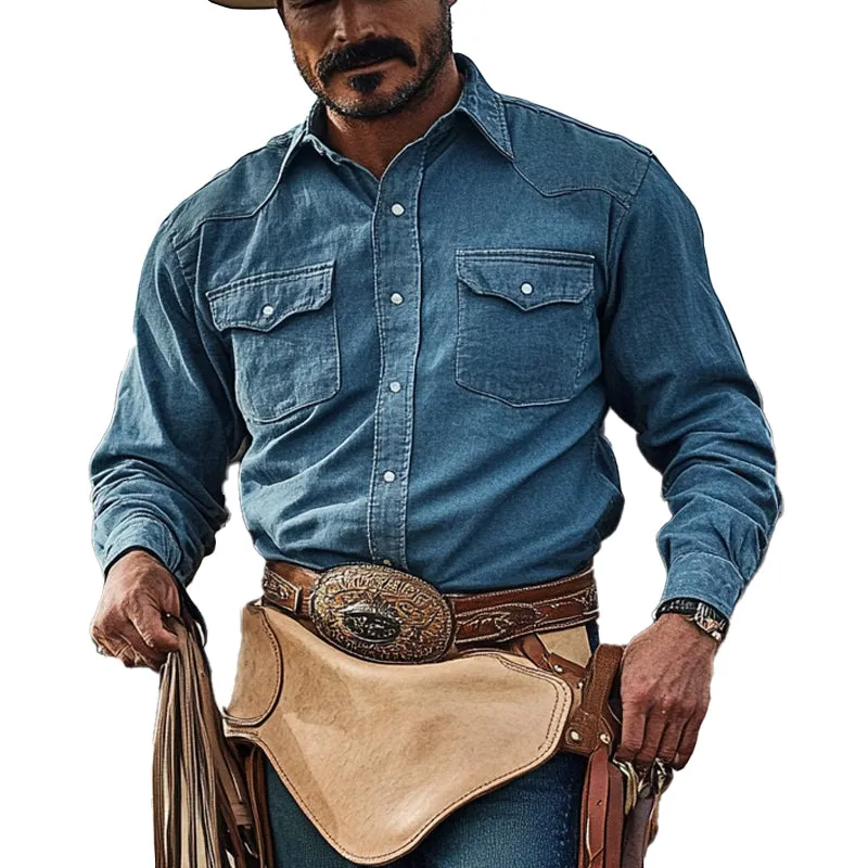 Men's Vintage Western Denim Long Sleeve Lapel Shirt 48144445X sold by Manly