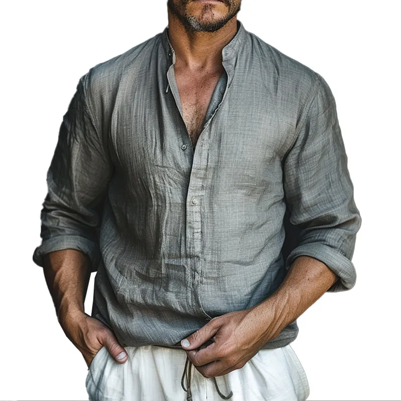 Men's Cotton and Linen Stand Collar Long Sleeve Shirt 32286710X sold by Manly