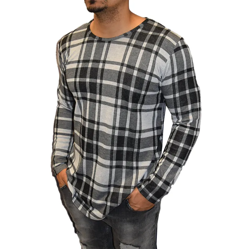 Men's Casual Plaid Round Neck Long Sleeve T-Shirt 18410478X sold by Manly