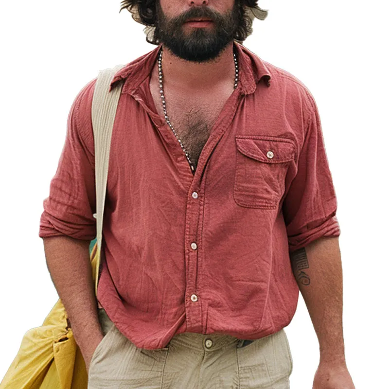 Men's Solid Color Cotton and Linen Lapel Long-sleeved Shirt 19969352X sold by Manly