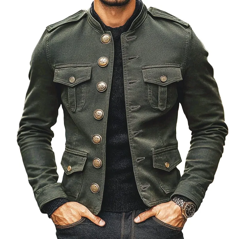 Men's Vintage Multi-Pocket Stand Collar Denim Jacket 08302812X sold by Manly