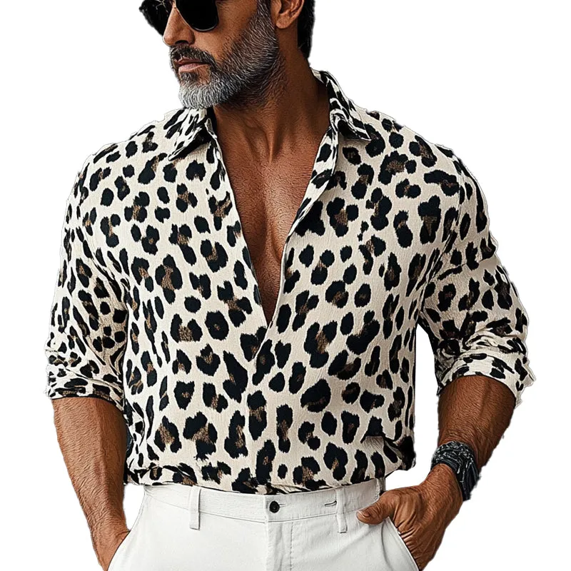 Men's Leopard Print Lapel Long Sleeve Shirt 81669390X sold by Manly