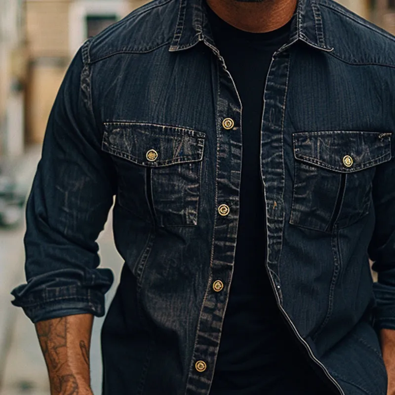 Men's Vintage Washed Lapel Long Sleeve Denim Shirt 22517995X sold by Manly product image thumbnail 3