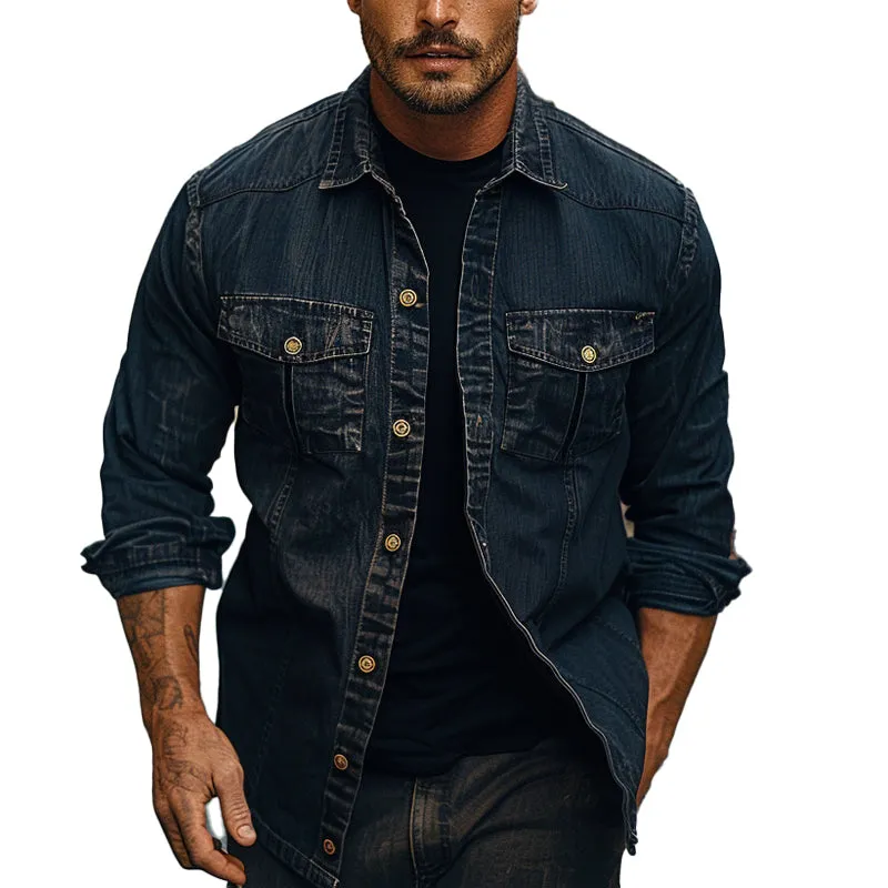Men's Vintage Washed Lapel Long Sleeve Denim Shirt 22517995X sold by Manly